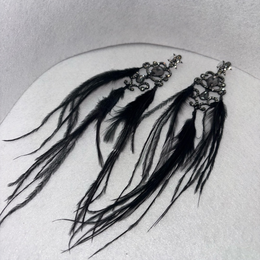 Dramatic Feather & Rhinestone Earrings - Picture 5 of 6